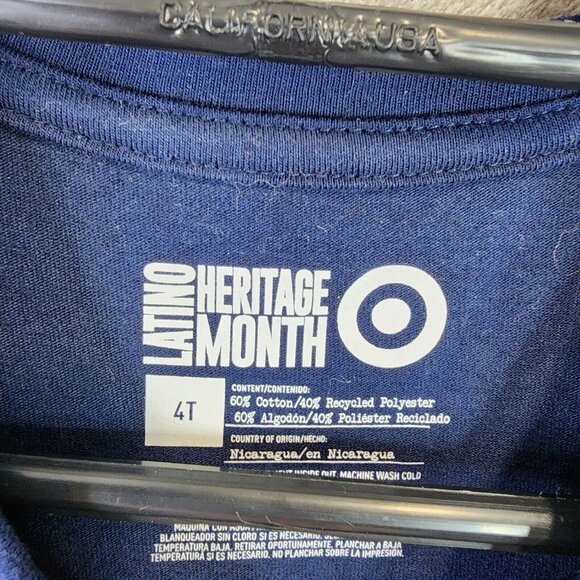 Unisex Kids Navy Shirt Short Sleeve Crew Neck Dream Big Latino Heritage Size 4T - Picture 3 of 9